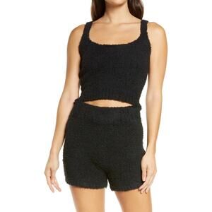 Skims Cozy Knit Squared Scoop Neck Sleeveless Cropped Tank Top Onyx Black S/M